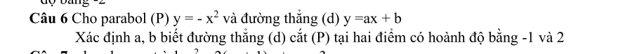 Cho parabol (P) y=-x^2 và đường thắng (d) y=ax+b
Xác định a, b biết đường thẳng (d) cắt (P) tại hai điểm có hoành độ bằng -1 và 2