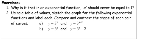 Why is it that in an exponential function, ‘a’ should never be equal to 1? 
2. Using a table of values, sketch the graph for the following exponential 
functions and label each. Compare and contrast the shape of each pair 
of curves. a) y=3^x and y=3^(x-2)
b) y=3^x and y=3^x-2