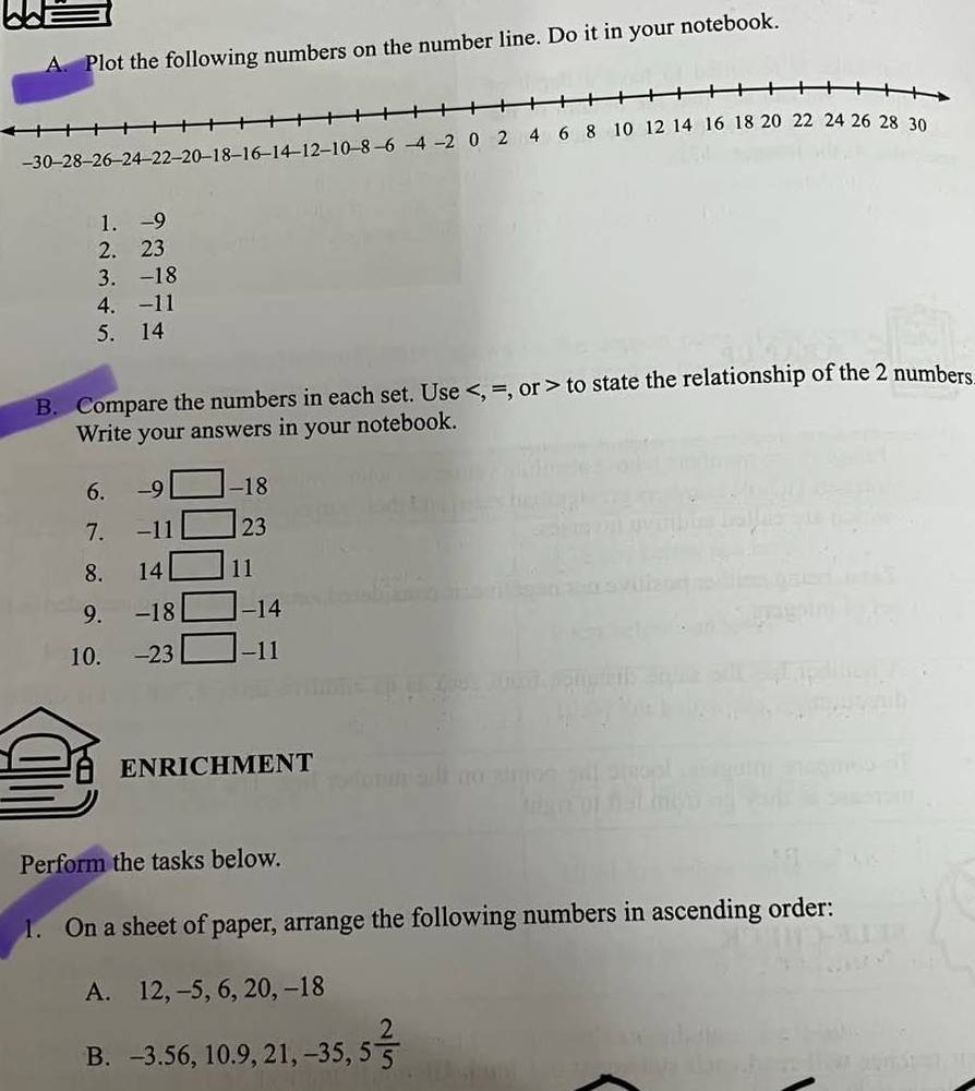 bo 
A. Plot the following numbers on the number line. Do it in your notebook. 
1. -9
2. 23
3. -18
4. -11
5. 14
B. Compare the numbers in each set. Use , =, or to state the relationship of the 2 numbers 
Write your answers in your notebook. 
6. -9 -18
7. -11 23 
8. 14 11 
9. -18 -14
10. -23 -11
ENRICHMENT 
Perform the tasks below. 
1. On a sheet of paper, arrange the following numbers in ascending order: 
A. 12, -5, 6, 20, -18
B. -3.56, 10.9, 21, -35, 5 2/5 