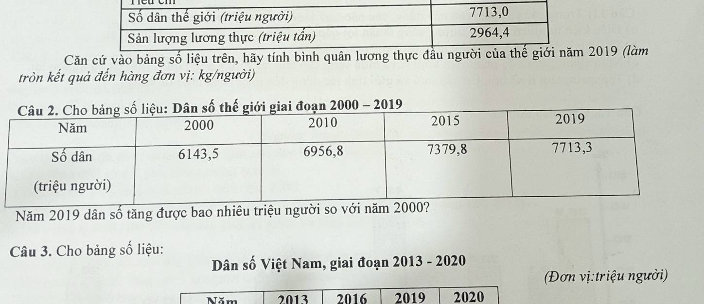 Căn cứ vào bảng số liệu trên, hãy tính bình quân lương thực đầu người của thế 2019 (làm 
tròn kết quả đến hàng đơn vị: kg/người) 
Năm 2019 dân số tăng được bao nhiêu triệu ngườ 
Câu 3. Cho bảng số liệu: 
Dân số Việt Nam, giai đoạn 2013 - 2020 
Đơn vị:triệu người) 
Năm 2013 2016 2019 2020