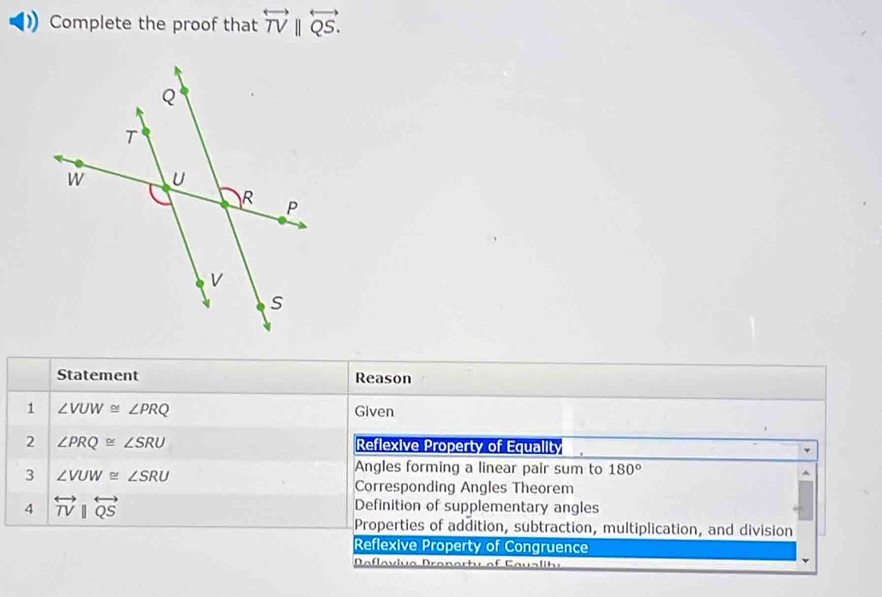 Complete the proof that overleftrightarrow TVparallel overleftrightarrow QS. 
Statement Reason
1 ∠ VUW≌ ∠ PRQ Given
2 ∠ PRQ≌ ∠ SRU Reflexive Property of Equality
3 ∠ VUW≌ ∠ SRU
Angles forming a linear pair sum to 180°
Corresponding Angles Theorem
4 overleftrightarrow TV|overleftrightarrow QS
Definition of supplementary angles
Properties of addition, subtraction, multiplication, and division
Reflexive Property of Congruence
Defleviue Dreperty of Faualitu