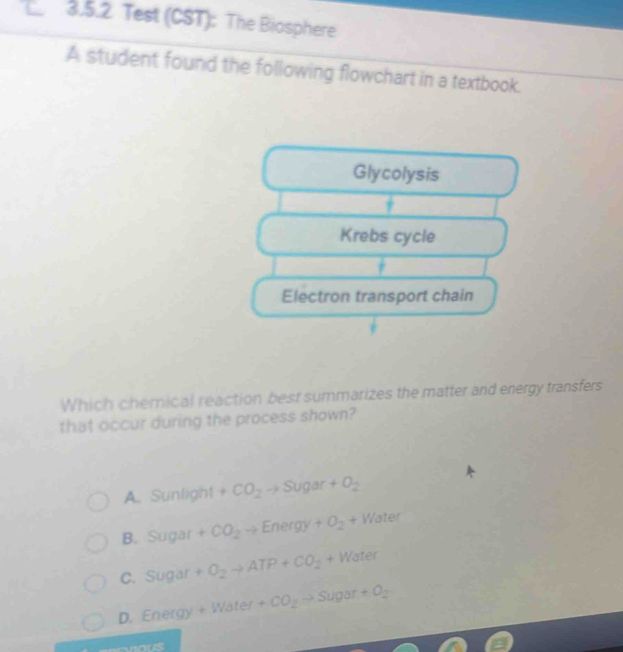 Test (CST): The Biosphere
A student found the following flowchart in a textbook.
Glycolysis
Krebs cycle
Electron transport chain
Which chemical reaction best summarizes the matter and energy transfers
that occur during the process shown?
A. Sunlight +CO_2to Sugar+O_2
B. Sugar +CO_2to Energy+O_2+Water
C. Sugar +O_2to ATP+CO_2+Water
D. Energy +Water +CO_2to SU gar +O_2
wous