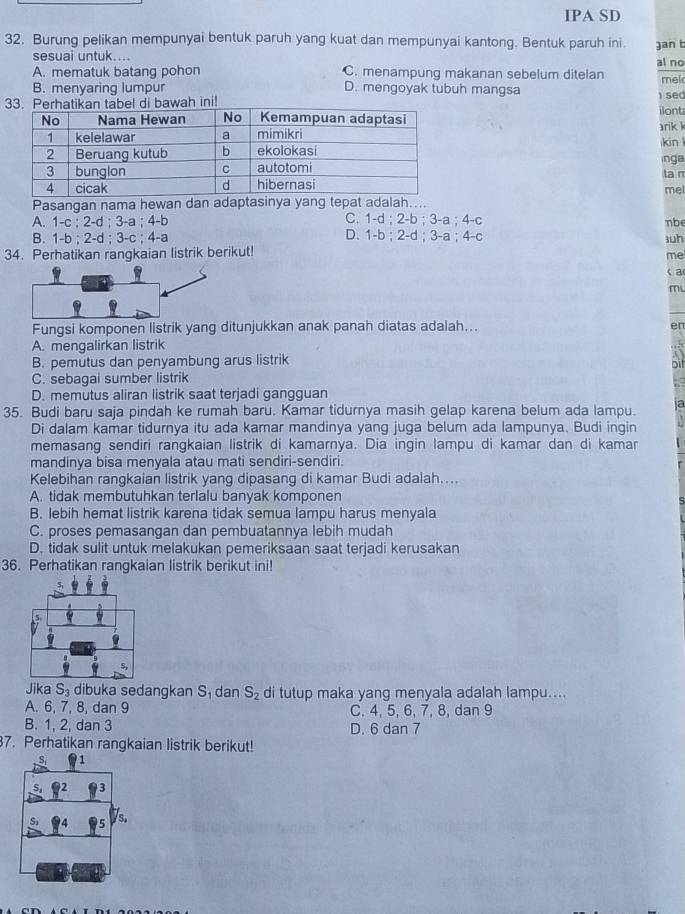 IPA SD
32. Burung pelikan mempunyai bentuk paruh yang kuat dan mempunyai kantong. Bentuk paruh ini. Jan t
sesuai untuk....
A. mematuk batang pohon C. menampung makanan sebelum ditelan al no
B. menyaring lumpur D. mengoyak tubuh mangsa
ah ini! ) sed mel
ilont
arik k
nga kin 
ta n
mel
Pasangan nama hewan dan adaptasinya yang tepat adalah.
C. 1-d;2-b;3-a;4-c
A. 1-c:2-d;3-a;4-b nbe
D. 1-b;2-d;3-a;4-c
B. 1-b:2-d;3-c;4-a uh
34. Perhatikan rangkaian listrik berikut!
me
< a
m
Fungsi komponen listrik yang ditunjukkan anak panah diatas adalah... er
 A. mengalirkan listrik
B. pemutus dan penyambung arus listrik
C. sebagai sumber listrik
D. memutus aliran listrik saat terjadi gangguan
35. Budi baru saja pindah ke rumah baru. Kamar tidurnya masih gelap karena belum ada lampu.
Di dalam kamar tidurnya itu ada kamar mandinya yang juga belum ada lampunya. Budi ingin
memasang sendiri rangkaian listrik di kamarnya. Dia ingin lampu di kamar dan di kamar
mandinya bisa menyala atau mati sendiri-sendiri.
Kelebihan rangkaian listrik yang dipasang di kamar Budi adalah....
A. tidak membutuhkan terlalu banyak komponen
B. lebih hemat listrik karena tidak semua lampu harus menyala
C. proses pemasangan dan pembuatannya lebih mudah
D. tidak sulit untuk melakukan pemeriksaan saat terjadi kerusakan
36. Perhatikan rangkaian listrik berikut ini!
_5,
Jika S_3 dibuka sedangkan S₁ dan S_2 di tutup maka yang menyala adalah lampu....
A. 6, 7, 8, dan 9 C. 4, 5, 6, 7, 8, dan 9
B. 1, 2, dan 3 D. 6 dan 7
37. Perhatikan rangkaian listrik berikut!