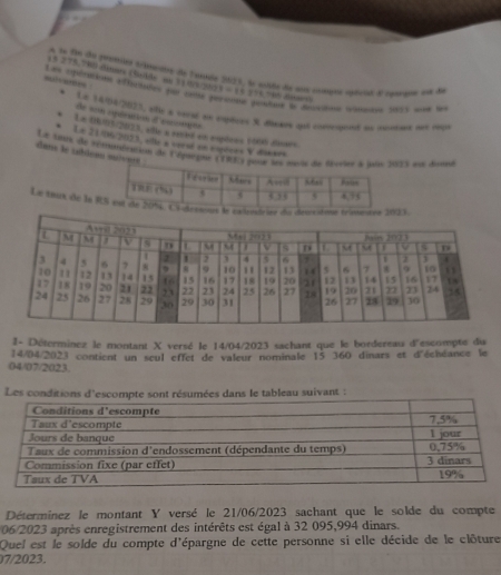 A so tn du presrles tbmalte de Faarde 2623, lo estto de soa cntugts cstuas d cunudao dn de
18 275. 7BB Simos (udd  cd96) 1=1 W   
Les opération effuctsées pur cete pr
qote     3 
Le 14/5A/2023, ette a cerad on empitces X difrae qet cormianed an aatad an mar
de son rspéeation d'encmpé
Le d/03/2023, ala sabd en explees 106) deses
Le 21 0 2023, elle a verad en espéces V diears
Le sees de réatantation de l'égarsne (T15 eut dott
dans le sitdean suiver
Le taux de la 
1- Déterminez le montant X versé le 14/04/2023 sachant que le bordereau d°
04/07/2023. 14/04/2023 contient un seul effet de valeur nominale 15 360 dinars et d'échéance le escompte du
Les conditions d'escompte sont résumées dans le tableau suivant :
Déterminez le montant Y versé le 21/06/2023 sachant que le solde du compte
06/2023 après enregistrement des intérêts est égal à 32 095,994 dinars.
Quel est le solde du compte d'épargne de cette personne si elle décide de le clôture
07/2023.