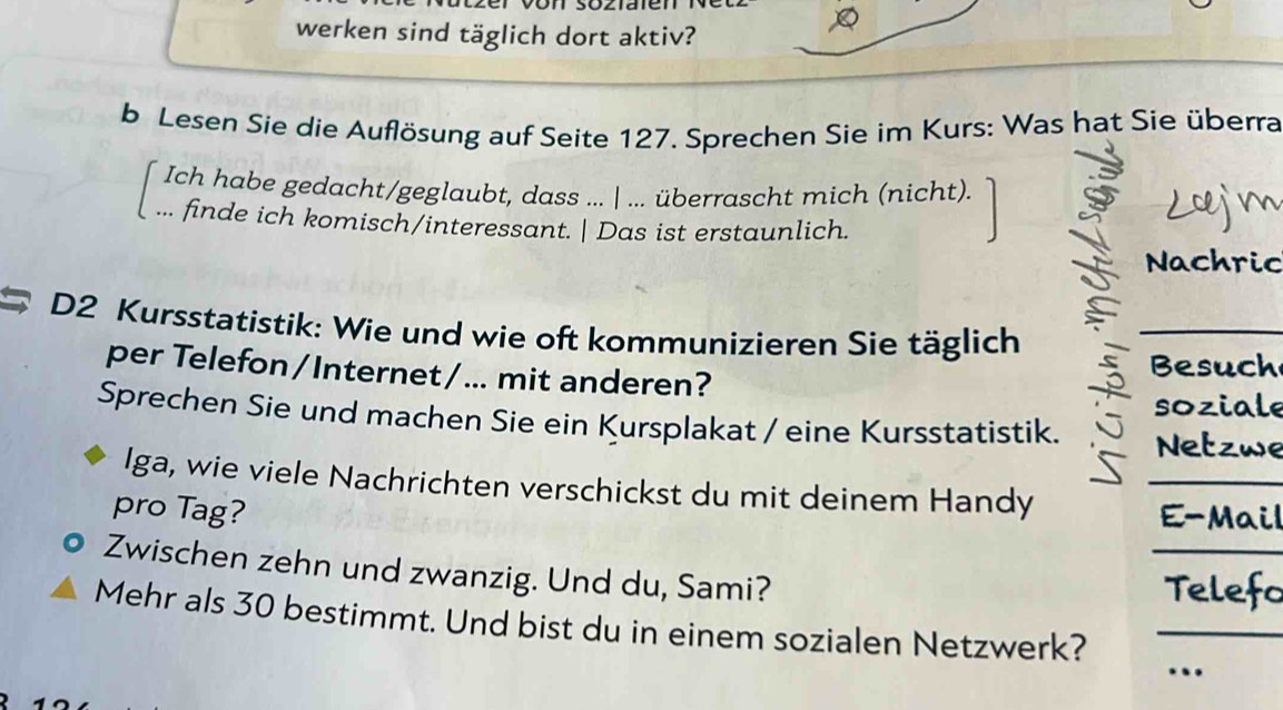 werken sind täglich dort aktiv? 
b Lesen Sie die Auflösung auf Seite 127. Sprechen Sie im Kurs: Was hat Sie überra 
Ich habe gedacht/geglaubt, dass ... | ... überrascht mich (nicht). 
... finde ich komisch/interessant. | Das ist erstaunlich. 
Nachric 
D2 Kursstatistik: Wie und wie oft kommunizieren Sie täglich 
per Telefon/Internet/... mit anderen? 
Besuch 
soziale 
Sprechen Sie und machen Sie ein Kursplakat / eine Kursstatistik. Netzwe 
Iga, wie viele Nachrichten verschickst du mit deinem Handy 
pro Tag? E-Mail 
Zwischen zehn und zwanzig. Und du, Sami? 
Telefo 
Mehr als 30 bestimmt. Und bist du in einem sozialen Netzwerk? 
.