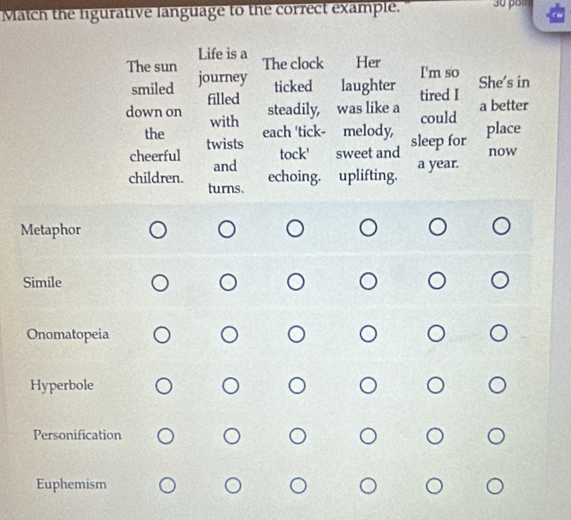 Match the figurative language to the correct example.
Life is a The clock Her
The sun journey
I'm so
ticked laughter She's in
smiled filled tired I
steadily, was like a
down on with could a better
the each 'tick- melody, sleep for place
cheerful twists
tock' sweet and now
children. and
a year.
turns. echoing. uplifting.
Metaphor
Simile
Onomatopeia
Hyperbole
Personification
Euphemism