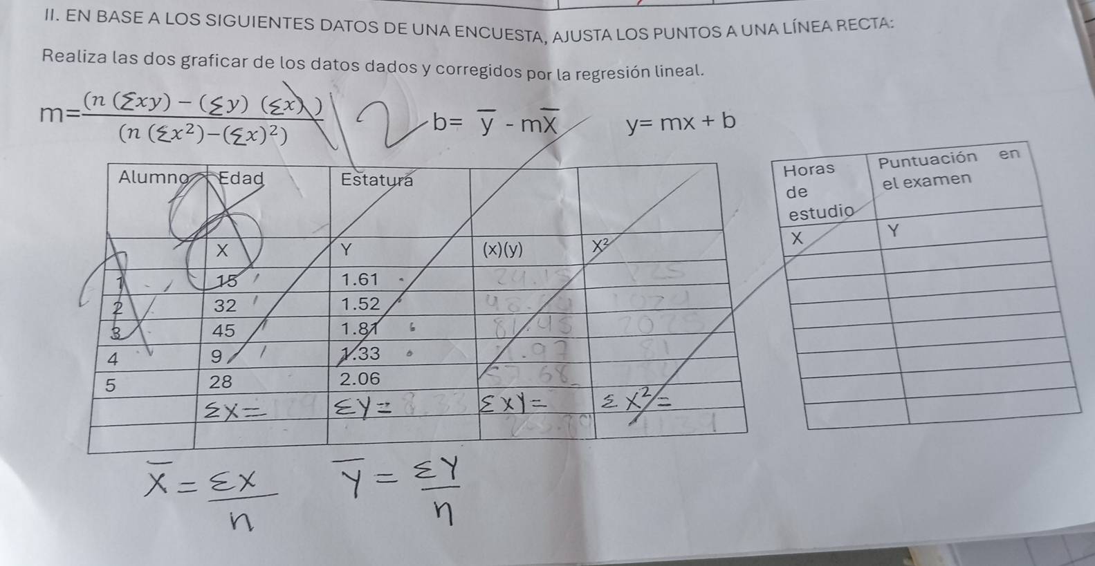 EN BASE A LOS SIGUIENTES DATOS DE UNA ENCUESTA. AJUSTA LOS PUNTOS A UNA LÍNEA RECTA:
Realiza las dos graficar de los datos dados y corregidos por la regresión lineal.
m=frac (n(sumlimits xy)-(sumlimits y)(sumlimits x)(n(sumlimits x^2)-(sumlimits x)^2)
b=overline y-moverline X y=mx+b