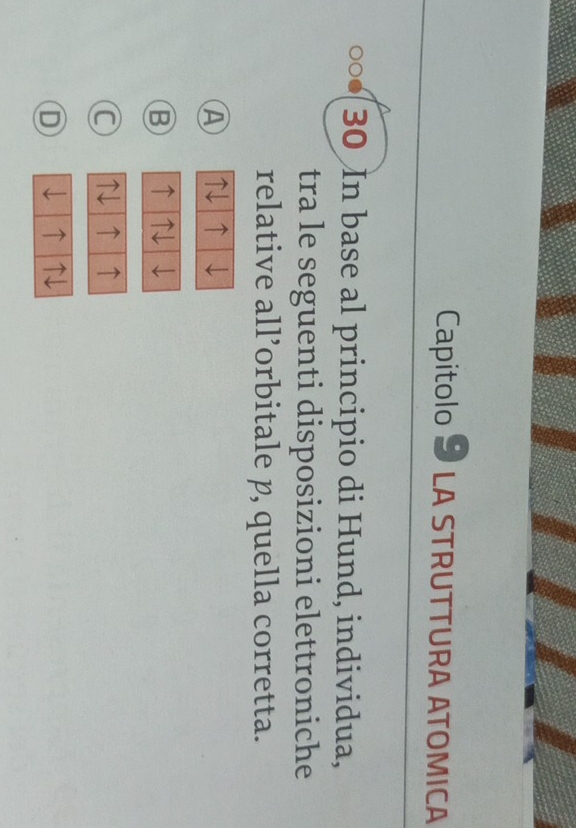 Capitolo 9 LA STRUTTURA ATOMICA
30 In base al principio di Hund, individua,
tra le seguenti disposizioni elettroniche
relative all’orbitale p, quella corretta.
A
B ↑
C ↑ ↑
D ↑