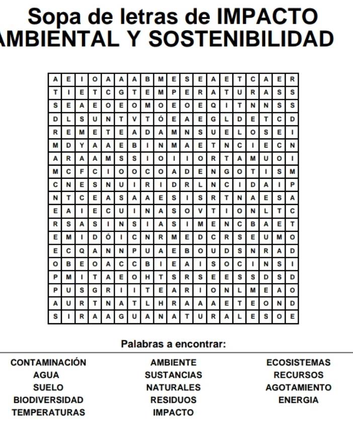 Resuelto:Sopa de letras de IMPACTO AMBIENTAL Y SOSTENIBILIDAD Palabras ...