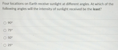 Four locations on Earth receive sunlight at different angles. At which of the
following angles will the intensity of sunlight received be the least?
90°
75°
50°
25°