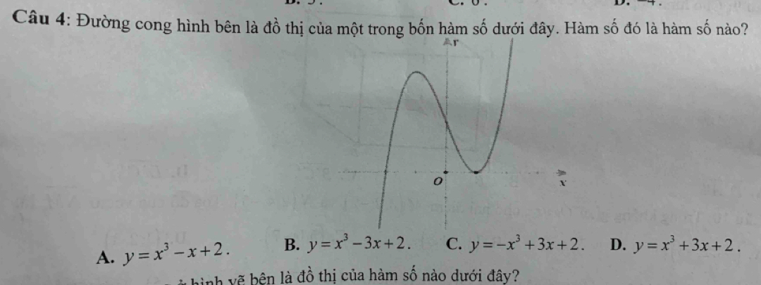 Đường cong hình bên là đồ thị của một trong bốn hàm số dưới đây. Hàm số đó là hàm số nào?
A. y=x^3-x+2. B. y=x^3-3x+2. C. y=-x^3+3x+2. D. y=x^3+3x+2. 
hình vẽ bên là đồ thị của hàm số nào dưới đây?