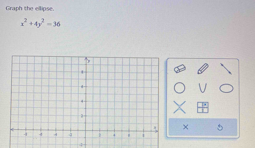 Graph the ellipse.
x^2+4y^2=36
×
-2 -