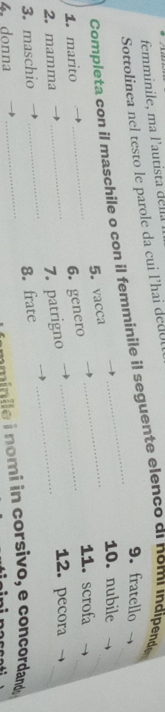 femminile, ma l'autista della 
Sottolinea nel testo le parole da cui l’hai dedU 
9. fratello 
Completa con il maschile o con il femminile il seguente elenco di nom Indipende 
10. nubile 
_ 
5. vacca 
1.marito 6. genero_ 
11. scrofa 
12. pecora 
_ 
2. mamma 
_7. patrigno_ 
_ 
3. maschio 8. frate 
4. donna 
amínile i nomi in corsivo, e concordando