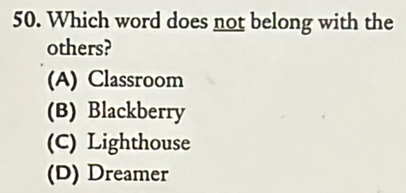 Which word does not belong with the
others?
(A) Classroom
(B) Blackberry
(C) Lighthouse
(D) Dreamer