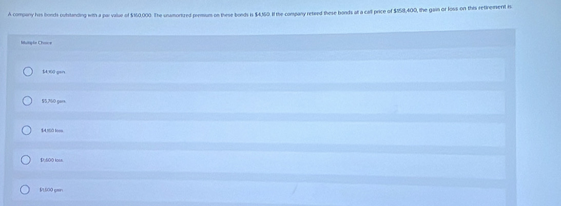 A company has bonds outstanding with a par value of $160,000. The unamortized premium on these bonds is $4,160. If the company retired these bonds at a call price of $158,400, the gain or loss on this retirement is
Multiple Choice
$4,160 gain
$5,760 gain
$4,160 loss.
$1,600 loss
$1,600 gain