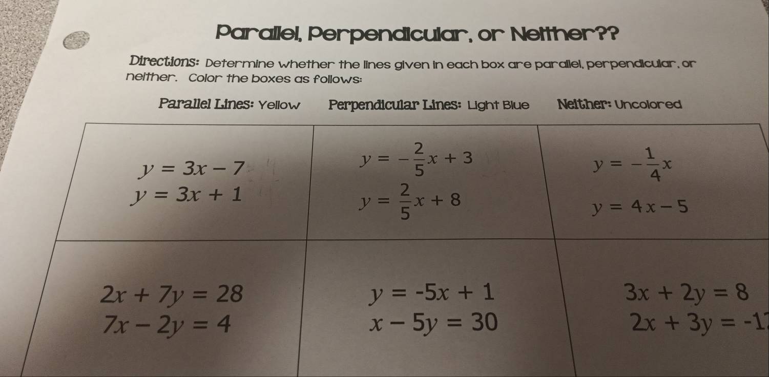 Parallel, Perpendicular, or Netther??
Directions: Determine whether the lines given in each box are parallel, perpendicular, or
neither. Color the boxes as follows:
Parallel LinesNeither: Uncolored