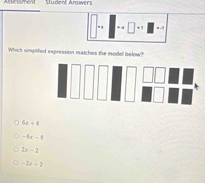 Assessment Student Answers
x =-x = 1 = -1
Which simplified expression matches the model below?
6x+8
-6x-8
2x-2
-2x+2