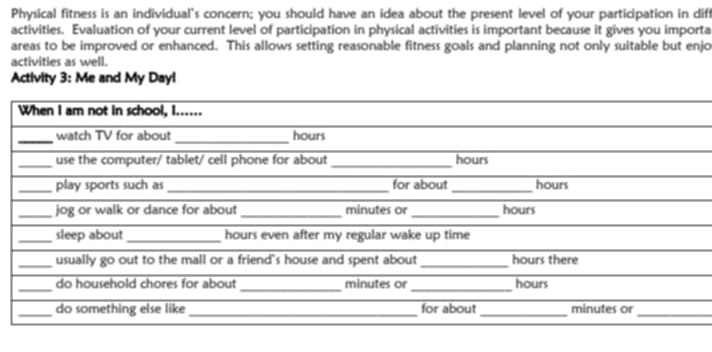 Physical fitness is an individual's concern; you should have an idea about the present level of your participation in diff 
activities. Evaluation of your current level of participation in physical activities is important because it gives you importa 
areas to be improved or enhanced. This allows setting reasonable fitness goals and planning not only suitable but enjo 
activities as well. 
Activity 3: Me and My Dayl