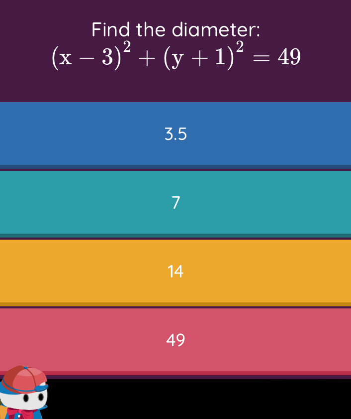 Find the diameter:
(x-3)^2+(y+1)^2=49
3.5
7
14
49