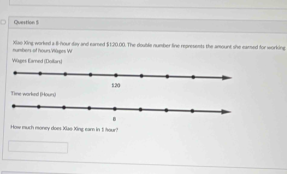 Xiao Xing worked a 8-hour day and earned $120.00. The double number line represents the amount she earned for working 
numbers of hours.Wages W 
Wages Earned (Dollars) 
Time worked (Hours) 
8 
How much money does Xiao Xing earn in 1 hour?