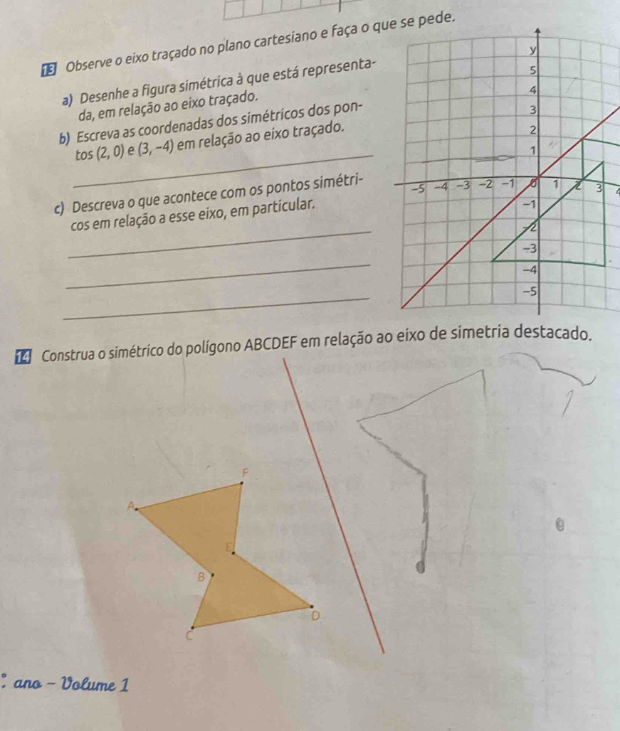 Observe o eixo traçado no plano cartesiano e faça o que se pede.
y
a) Desenhe a figura simétrica à que está representa-
5
da, em relação ao eixo traçado.
4
b) Escreva as coordenadas dos simétricos dos pon-
3
_
tos (2,0) e (3,-4) em relação ao eixo traçado.
2
1
-5 -4 -3 -2 -1
c) Descreva o que acontece com os pontos simétri-
-1
_
cos em relação a esse eixo, em particular. 6 1 3
-3
_
-4
_
-5
Construa o simétrico do polígono ABCDEF em relação ao eixo de simetria destacado.
F
B
D
C
: ano - Volume 1