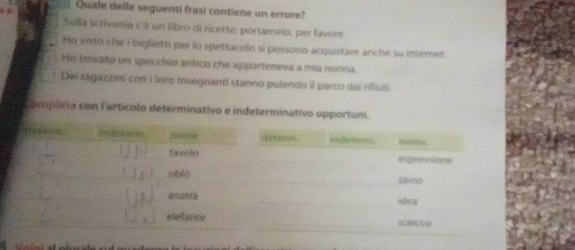 Quale delle seguenti frasi contiene un errore? 
Sulla scrivania c é un libro di ricette: portamelo, per favore. 
Ho visto che i biglietti per lo spettacolo si possono acquistare anche su internet. 
Ho trovato un specchio antico che apparteneva a mía nonna. 
Dei ragazzni con i loro insegnanti stanno pulendo il parco dai rifiuti. 
completa con l'artícolo determinativo e indeterminativo opportuni.