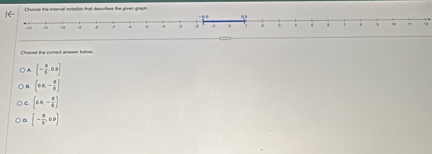 Choose the correct answer below.
A. (- 8/5 ,0.9]
B. (0.9,- 8/5 ]
C. [0.9,- 8/5 )
D. [- 8/5 ,0.9)