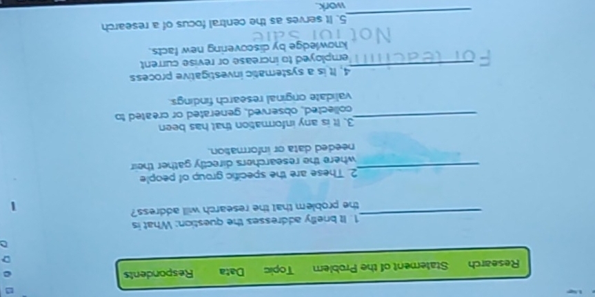 Research Statement of the Problem Topic Data Respondents 
_ 
1. It bnetly addresses the question: What is 
the problem that the research will address? 
_ 
2. These are the specific group of people 
where the researchers directly gather their 
needed data or information. 
_ 
3. It is any information that has been 
collected, observed, generated or created to 
validate original research findings. 
_ 
4. It is a systematic investigative process 
For teach employed to increase or revise current 
knowledge by discovering new facts. 
N 
_ 
5. It serves as the central focus of a research 
work.