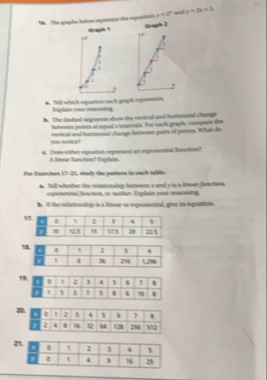 The graphs below represent the equations y=2^x and y=2x+2
Graph 2
a. Tell which equation each graph represents.
Explain your reasoning
b. The dashed segments show the vertical and horizontal change
between points at equal x intervals. For each graph, compare the
vertical and horizoutal change between pairs of points. What do
you nnuke?
a. Boes either equntion represent an exponential fanction?
A linear function? Explain.
For Exercises 17-21, study the pattern in each table.
a. Tell whether the relationship between x and y is a linear function,
exponential function, or neither. Explain your reasoning.
b. If the relationship is a linear or exponential, give its equation.
1
2
2