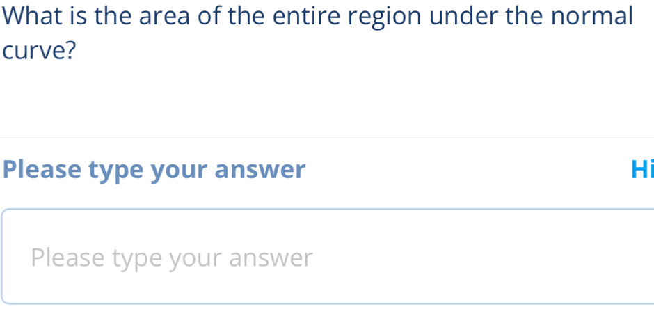 What is the area of the entire region under the normal 
curve? 
Please type your answer Hi 
Please type your answer