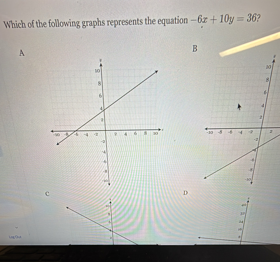 Which of the following graphs represents the equation -6x+10y=36 2 
A 
B
y

C 
D
y
10
40
8
32
6
24
4
16
Log Out 2 8