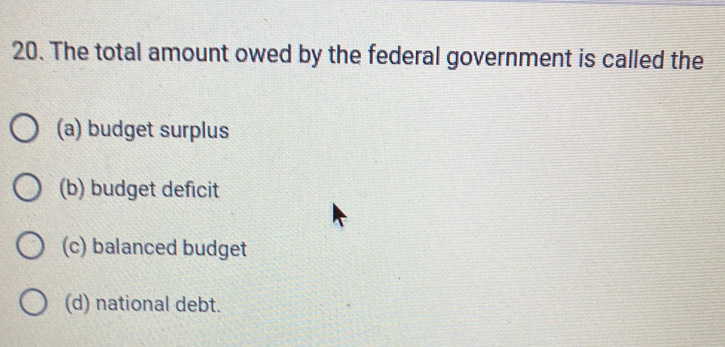 The total amount owed by the federal government is called the
(a) budget surplus
(b) budget deficit
(c) balanced budget
(d) national debt.