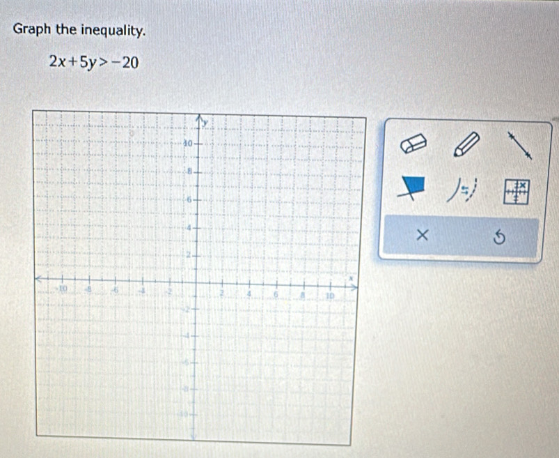 Graph the inequality.
2x+5y>-20
×