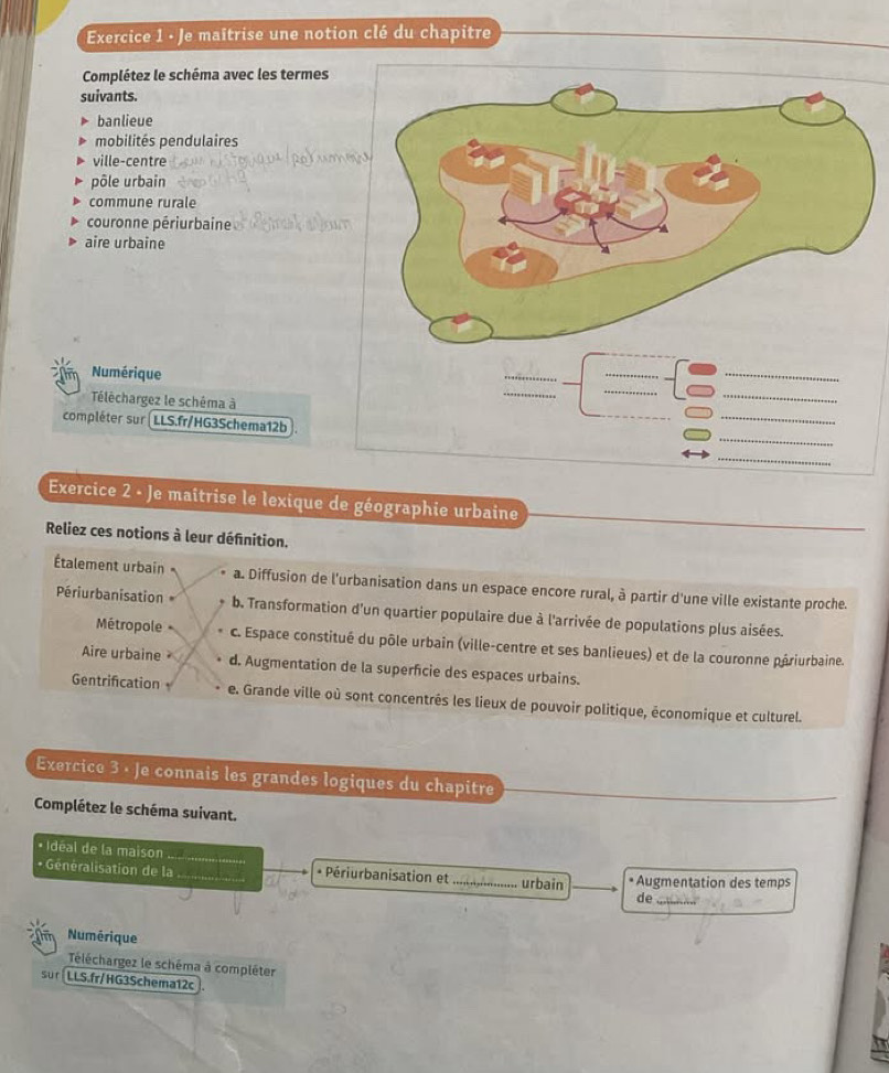 · Je maîtrise une notion clé du chapitre
Complétez le schéma avec les termes
suivants.
banlieue
mobilités pendulaires
ville-centre
pôle urbain
commune rurale
couronne périurbaine
aire urbaine
_
_
_
Numérique
_
_
_
Téléchargez le schéma à
_
compléter sur LLS.fr/HG3Schema12b .
_
Exercice 2 - Je maîtrise le lexique de géographie urbaine
Reliez ces notions à leur définition.
Étalement urbain a. Diffusion de l'urbanisation dans un espace encore rural, à partir d'une ville existante proche.
Périurbanisation b. Transformation d'un quartier populaire due à l'arrivée de populations plus aisées.
Métropole c. Espace constitué du pôle urbaîn (ville-centre et ses banlieues) et de la couronne périurbaine.
Aire urbaine d. Augmentation de la superfcie des espaces urbains.
Gentrification e. Grande ville où sont concentrés les lieux de pouvoir politique, économique et culturel.
Exercice 3 · Je connais les grandes logiques du chapitre
Complétez le schéma suivant.
_
* Idéal de la maison
* Généralisation de la _+ Périurbanisation et _urbain * Augmentation des temps
de_
Numérique
Téléchargez le schéma à compléter
sur LLS.fr/HG3Schema12c.