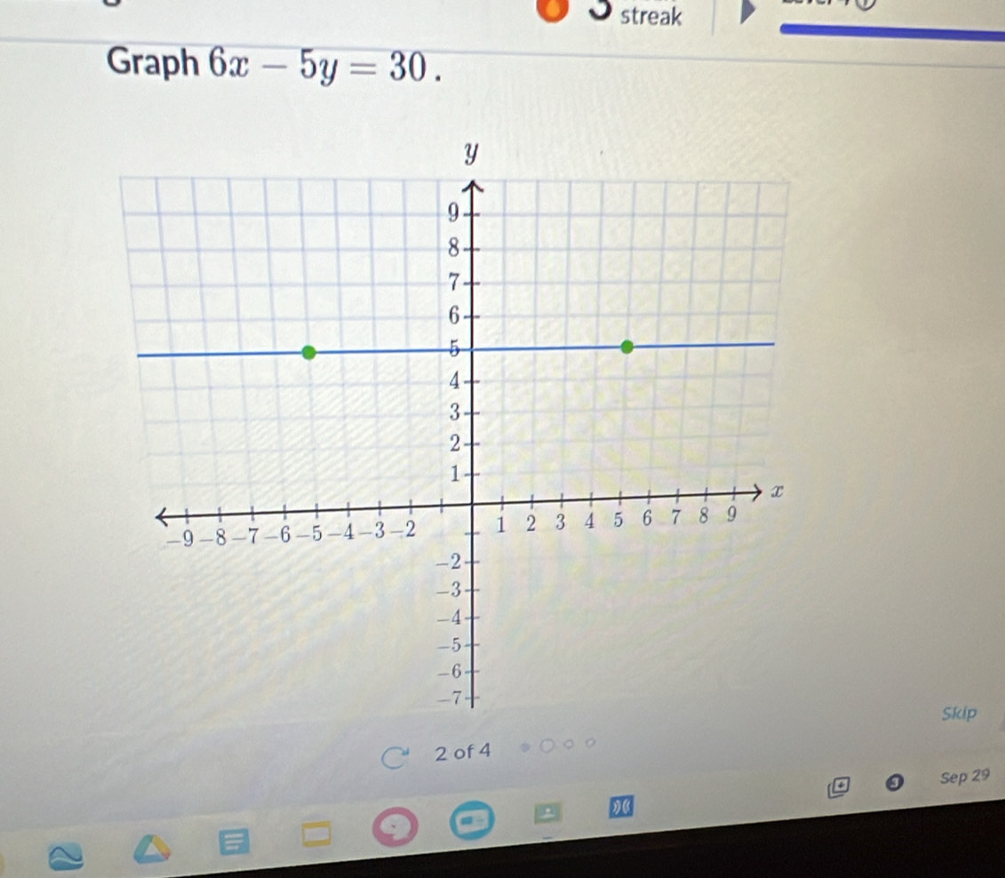 streak 
Graph 6x-5y=30. 
Skip 
2 of 4 
Sep 29 
)(