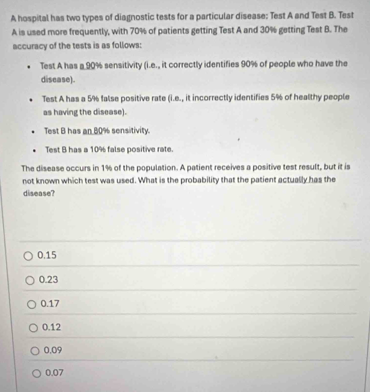 A hospital has two types of diagnostic tests for a particular disease: Test A and Test B. Test
A is used more frequently, with 70% of patients getting Test A and 30% getting Test B. The
accuracy of the tests is as follows:
Test A has a 90% sensitivity (i.e., it correctly identifies 90% of people who have the
disease).
Test A has a 5% false positive rate (i.e., it incorrectly identifies 5% of healthy people
as having the disease).
Test B has an 80% sensitivity.
Test B has a 10% false positive rate.
The disease occurs in 1% of the population. A patient receives a positive test result, but it is
not known which test was used. What is the probability that the patient actually has the
disease?
0.15
0.23
0.17
0.12
0.09
0.07