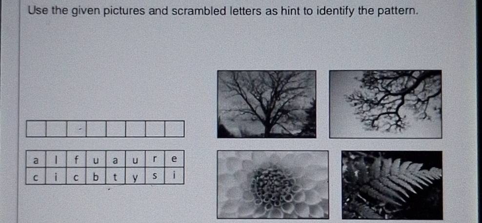 Use the given pictures and scrambled letters as hint to identify the pattern.