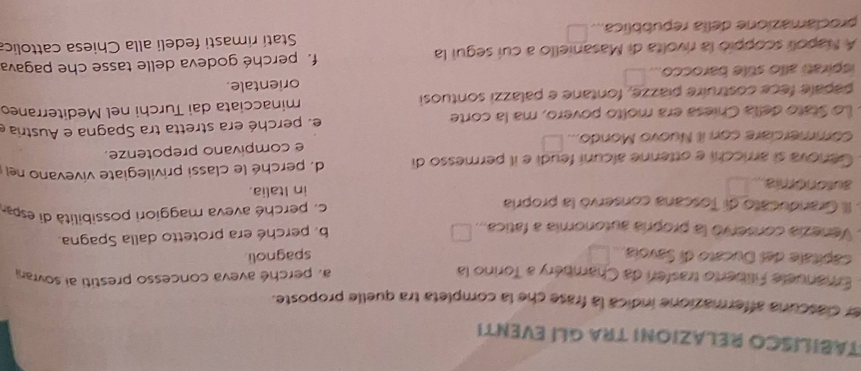 TABILISCO RELAZIONI TRA GLI EVENTI
er clascuria affermazione indica la frase che la completa tra quelle proposte.
Emanuele Filiberto trasfer da Chambéry a Torino la a. perché aveva concesso prestiti ai sovrani
capítale del Ducato di Savoía. spagnoli
Venezía conservó la propría autonomía a fatica...
b. perché era protetto dalla Spagna.
IIl Granducato di Toscana conservò la propría c. perché aveva maggiori possibilità di espar
autonoma. in Italia.
Genova sì arricchi e ottenne alcuní feudi e il permesso di d. perché le classi privilegiate vívevano nel
e compivano prepotenze.
Commerciare con it Nuovo Mondo...
Lo Stato della Chiesa era molto povero, ma la corte e perché era stretta tra Spagna e Austria e
papale fece costruire piazze, fontane e palazzí sontuosi minacciata dai Turchi nel Mediterraneo
ispirati allo stile barocco... orientale
A Napoli scoppió la rivolta di Masaniello a cui segui la f. perché godeva delle tasse che pagava
proclamazione della repubblica... Statí rimasti fedeli alla Chiesa cattolica
