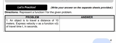 Let's Practice! (Write your answer on the separate sheets provided.)
Directions: Represent a function f for the given problem
4