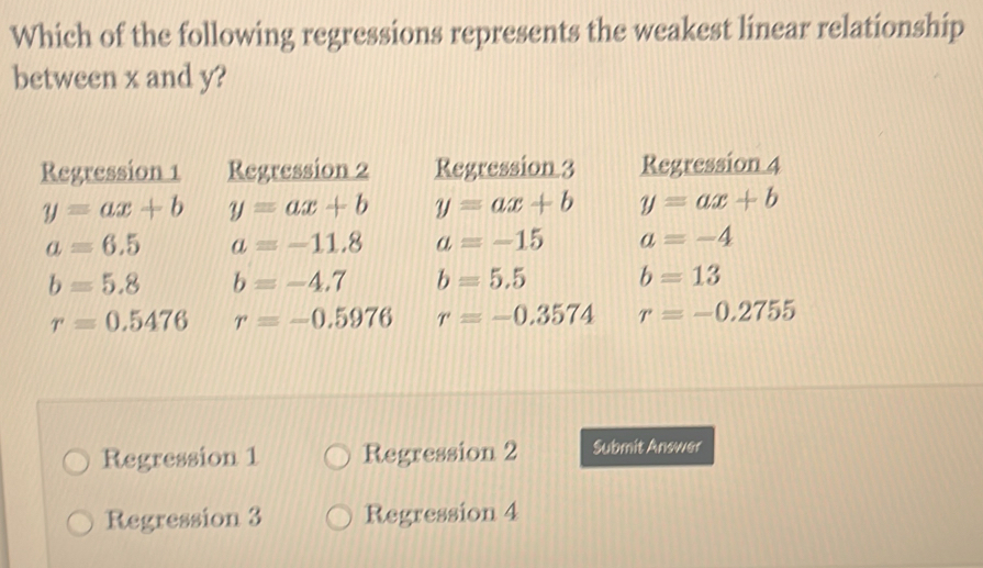 Which of the following regressions represents the weakest linear relationship
between x and y?
Regression 1 Regression 2 Regression 3 Regression 4
y=ax+b y=ax+b y=ax+b y=ax+b
a=6.5 a=-11.8 a=-15 a=-4
b=5.8 b=-4.7 b=5.5 b=13
r=0.5476 r=-0.5976 r=-0.3574 r=-0.2755
Regression 1 Regression 2 Submit Answer
Regression 3 Regression 4