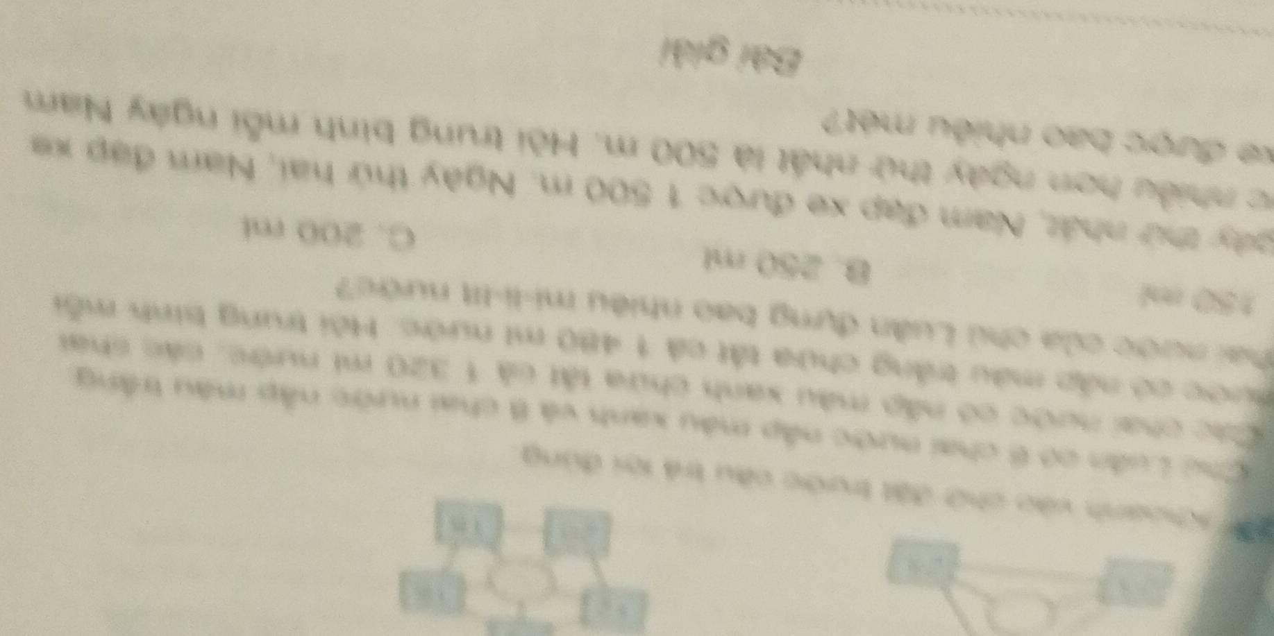 īn
2coanh vào chữ đặt trước câu trả tời đùng
Chu Luân có 6 chai nước nập màu xanh và B chai nước nập màu trấng
Các chai nước có nấp màu xanh chứa tật cả 1 320 mi nước, các chai
Hước có nấp màu trắng chứa tất cả 1 480 mi nước. Hội trung binh mỗi
nhai nước của chủ Luân đựng bao nhiều mi-li-IIt nước?
150 ml B. 250 ml
C. 200 ml
pity thứ nhất, Nam đạp xe được 1 500 m. Ngày thứ hai, Nam đạp xã
c nhiều hơn ngày thứ nhất là 500 m. Hồi trung bình mỗi ngày Nam
xe được bao nhiều mét?
Bài giải