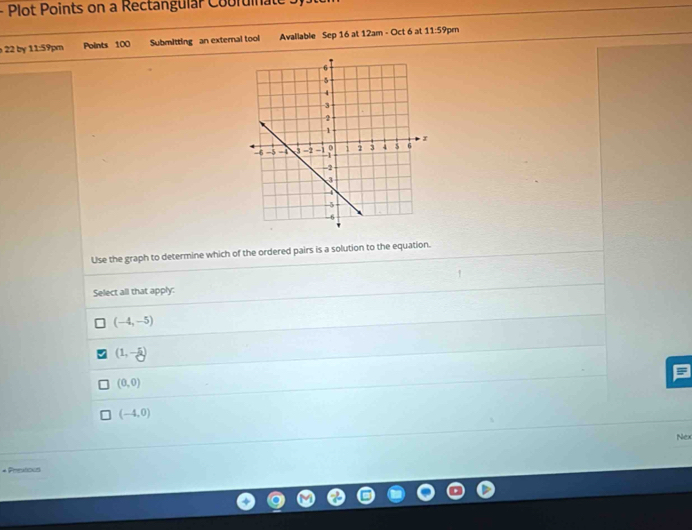 Plot Points on a Rectangular Cobruia te .
22 by 11-5° 7pm Points 100 Submitting an external tool Avallable Sep 16 at 12am - Oct 6 at 11:59pm
Use the graph to determine which of the ordered pairs is a solution to the equation.
Select all that apply:
(-4,-5)
(1,-5)
(0,0)
(-4,0) Nex
* Prestous