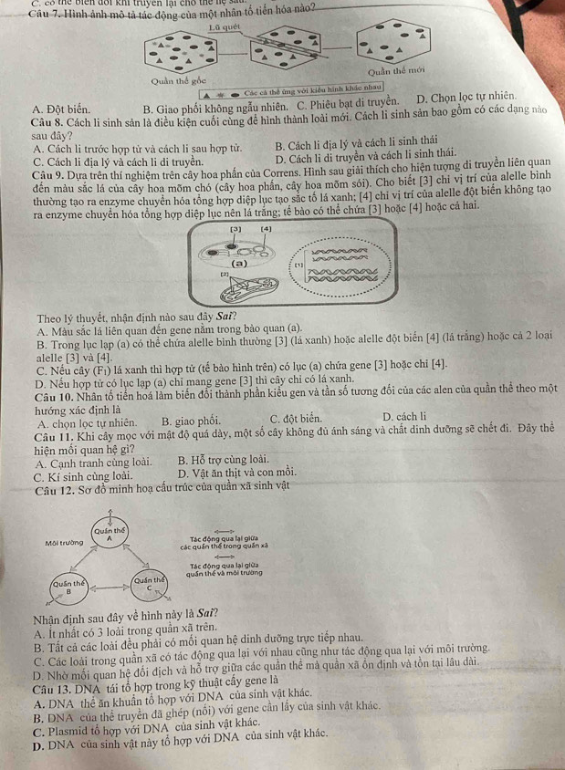 2 8 thể biển đôi kh truyên lại chó thể nộ s
Câu 7. Hình ảnnhân tổ tiến hóa nào2
A. Đột biển. B. Giao phối không ngẫu nhiên. C. Phiêu bạt di truyền. D. Chọn lọc tự nhiên.
Câu 8. Cách li sinh sản là điều kiện cuối cùng để hình thành loài mới. Cách li sinh sản bao gồm có các dạng nào
sau dây?
A. Cách li trước hợp tử và cách li sau hợp tử. B. Cách li địa lý và cách li sinh thái
C. Cách li địa lý và cách li di truyền. D. Cách li di truyền và cách li sinh thái.
Câu 9. Dựa trên thí nghiệm trên cây hoa phần của Correns. Hình sau giải thích cho hiện tượng di truyền liên quan
đến màu sắc lá của cây hoa mõm chó (cây hoa phần, cây hoa mõm sói). Cho biết [3] chỉ vị trí của alelle binh
thường tạo ra enzyme chuyển hóa tổng hợp diệp lục tạo sắc tố lá xanh; [4] chi vị trí của alelle đột biển không tạo
ra enzyme chuyển hóa tổng hợp diệp lục nên là trăng; tế bào có thể chứa [3] hoặc [4] hoặc cả hai.
Theo lý thuyết, nhận định nào sau đây Sai?
A. Màu sắc lá liên quan đến gene nằm trong bào quan (a).
B. Trong lục lạp (a) có thể chứa alelle bình thường [3] (lá xanh) hoặc alelle đột biển [4] (lá trắng) hoặc cả 2 loại
alelle [3] và [4].
C. Nếu cây (F₁) lá xanh thì hợp tử (tế bào hình trên) có lục (a) chứa gene [3] hoặc chi [4].
D. Nếu hợp tử có lục lạp (a) chỉ mang gene [3] thì cây chỉ có lá xanh.
Câu 10. Nhân tố tiến hoá làm biến đổi thành phần kiểu gen và tần số tương đối của các alen của quần thể theo một
hướng xác định là
A. chọn lọc tự nhiên. B. giao phối. C. đột biển. D. cách li
Câu 11. Khi cây mọc với mật độ quá dày, một số cây không đủ ánh sáng và chất dinh dưỡng sẽ chết đi. Đây thể
hiện mối quan hệ gì?
A. Cạnh tranh cùng loài. B. Hỗ trợ cùng loài.
C. Kí sinh cùng loài. D. Vật ăn thịt và con mồi.
Câu 12. Sơ đồ minh hoạ cầu trúc của quần xã sinh vật
Tác động qua lại giữa
ác quần thể trong quần xã
Tác động qua lại giữa
quần thể và môi trường
Nhận định sau đây về hình này là Sai?
A. Ít nhất có 3 loài trong quần xã trên.
B. Tất cả các loài đều phải có mối quan hệ dinh dưỡng trực tiếp nhau.
C. Các loài trong quần xã có tác động qua lại với nhau cũng như tác động qua lại với môi trường.
D. Nhờ mối quan hệ đối địch và hỗ trợ giữa các quần thể mả quần xã ổn định và tồn tại lâu dài
Câu 13. DNÁ tái tổ hợp trong kỹ thuật cấy gene là
A. DNA thể ăn khuẩn tổ hợp với DNA của sinh vật khác.
B. DNA của thể truyền đã ghép (nối) với gene cần lấy của sinh vật khác.
C. Plasmid tổ hợp với DNA của sinh vật khác.
D. DNA của sinh vật này tổ hợp với DNA của sinh vật khác.
