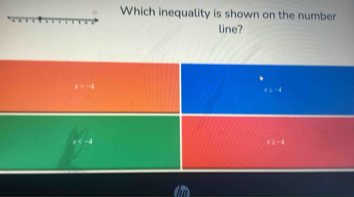 Which inequality is shown on the number
line?
x>-4
X⊂eq -4
x
ex