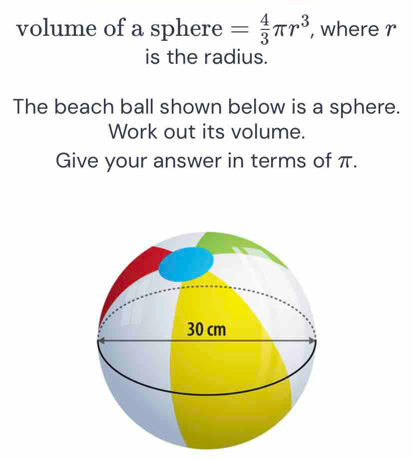 Solved: volume of a sphere = 4/3 π r^3 , where r is the radius. The ...