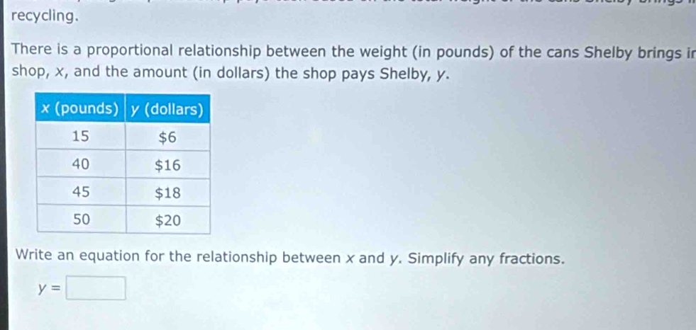 recycling. 
There is a proportional relationship between the weight (in pounds) of the cans Shelby brings in 
shop, x, and the amount (in dollars) the shop pays Shelby, y. 
Write an equation for the relationship between x and y. Simplify any fractions.
y=□