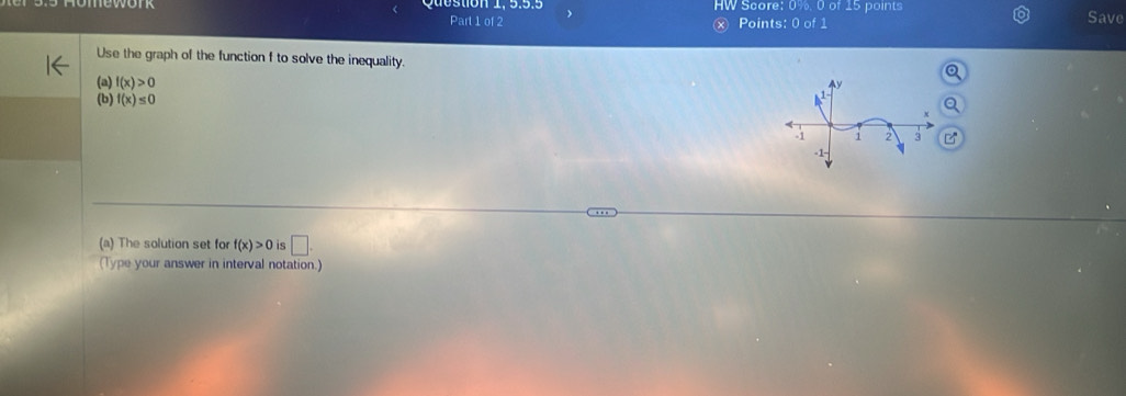 östion 1, 5.5.5 HW Score: 0%. 0 of 15 points 
Part 1 of 2 x Points: 0 of 1 Save 
Use the graph of the function f to solve the inequality. 
(a) f(x)>0
(b) f(x)≤ 0

(a) The solution set for f(x)>0 is □ . 
(Type your answer in interval notation.)