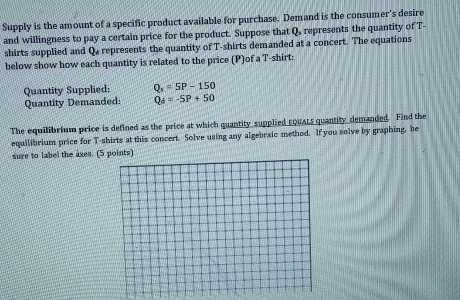 Supply is the amount of a specific product available for purchase. Demand is the consumer's desire 
and willingness to pay a certain price for the product. Suppose that Q represents the quantity of T- 
shirts supplied and Q. represents the quantity of T-shirts demanded at a concert. The equations 
below show how each quantity is related to the price (P)of a T-shirt: 
Quantity Supplied: Q_3=5P-150
Quantity Demanded: Q_d=-5P+50
The equilibrium price is defined as the price at which quantity supplied EQuALs quantity demanded. Find the 
equilibrium price for T-shirts at this concert. Solve using any algebraic method. If you solve by graphing, be 
sure to label the âxes. (5 points)