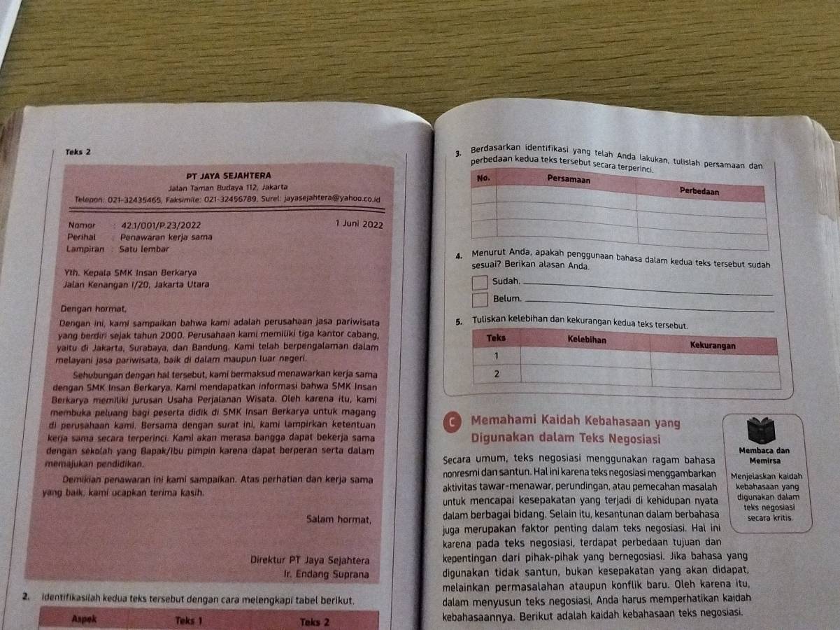 Teks 2
3. Berdasarkan identifikasi yang telah Anda lakukan, tulislah 
perbedaan kedua teks tersebut
PT JAYA SEJAHTERA 
Jalan Taman Budaya 112, Jakarta
Telepon: 021-32435465, Faksimile: 021-32456789, Surel: jayasejahtera@yahoo.co.id
Namar 42.1/001/P.23/2022
1 Juni 2022
Perihal Penawaran kerja sama
Lampiran: Satu lembar
nggunaan bahasa dalam kedua teks tersebut sudah
sesuai? Berikan alasan Anda
_
Yth. Kepala SMK Insan Berkarya Sudah.
Jalan Kenangan I/20, Jakarta Utara
Belum._
Dengan hormat,
Dengan ini, kami sampaikan bahwa kami adalah perusahaan jasa pariwisata
5. Tuliskan kelebihan dan kekurangan kedua tek
yang berdiri sejak tahun 2000. Perusahaan kami memiliki tiga kantor cabang, 
yaitu di Jakarta, Surabaya, dan Bandung, Kami telah berpengalaman dalam
melayani jasa pariwisata, baik di dalam maupun luar negeri. 
Sehubungan dengan hal tersebut, kami bermaksud menawärkan kerja sama 
dengan SMK Insan Berkarya. Kami mendapatkan informasi bahwa SMK Insan
Berkarya memiliki jurusan Usaha Perjalanan Wisata. Oleh karena itu, kami
membuka peluang bagi peserta didik di SMK Insan Berkarya untuk magang  Memahami Kaidah Kebahasaan yang
di perusahaan kami, Bersama dengan surat ini, kami lampirkan ketentuan
kerja sama secara terperinci. Kami akan merasa bangga dapat bekerja sama Digunakan dalam Teks Negosiasi
dengan sekolah yang Bapak/ibu pimpin karena dapat berperan serta dalam Membaca dan
Secara umum, teks negosiasi menggunakan ragam bahasa Memirsa
memajukan pendidikan. nonresmi dan santun. Hal ini karena teks negosiasi menggambarkan Menjelaskan kaidah
Demikian penawaran ini kami sampaikan. Atas perhatian dan kerja sama
yang baik, kami ucapkan terima kasih. aktivitas tawar-menawar, perundingan, atau pemecahan masalah kebahasaan yang
untuk mencapai kesepakatan yang terjadi di kehidupan nyata digunakan dalam
Salam hormat, dalam berbagai bidang. Selain itu, kesantunan dalam berbahasa teks negosiasi secara kritis.
juga merupakan faktor penting dalam teks negosiasi. Hal ini
karena pada teks negosíasi, terdapat perbedaan tujuan dan
Direktur PT Jaya Sejahtera kepentingan dari pihak-pihak yang bernegosiasi. Jika bahasa yang
Ir. Endang Suprana digunakan tidak santun, bukan kesepakatan yang akan didapat,
melainkan permasalahan ataupun konflik baru. Oleh karena itu,
2. identifikasilah kedua teks tersebut dengan cara melengkapi tabel berikut.
dalam menyusun teks negosiasi, Anda harus memperhatikan kaidah
Aspek Teks 1 Teks 2 kebahasaannya. Berikut adalah kaidah kebahasaan teks negosiasi.