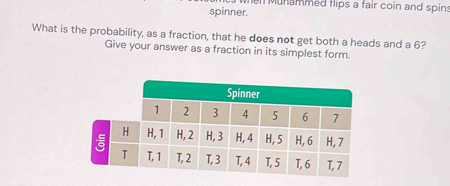 en Munammed flips a fair coin and spins 
spinner. 
What is the probability, as a fraction, that he does not get both a heads and a 6? 
Give your answer as a fraction in its simplest form.